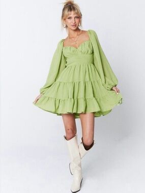 Princess Polly Sage Green Danny Long Sleeve Mini Dress Size 10